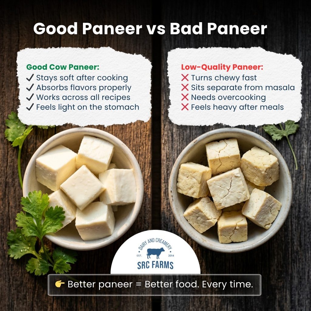 Side-by-side comparison of smooth, soft good paneer and cracked, dry low-quality paneer in bowls