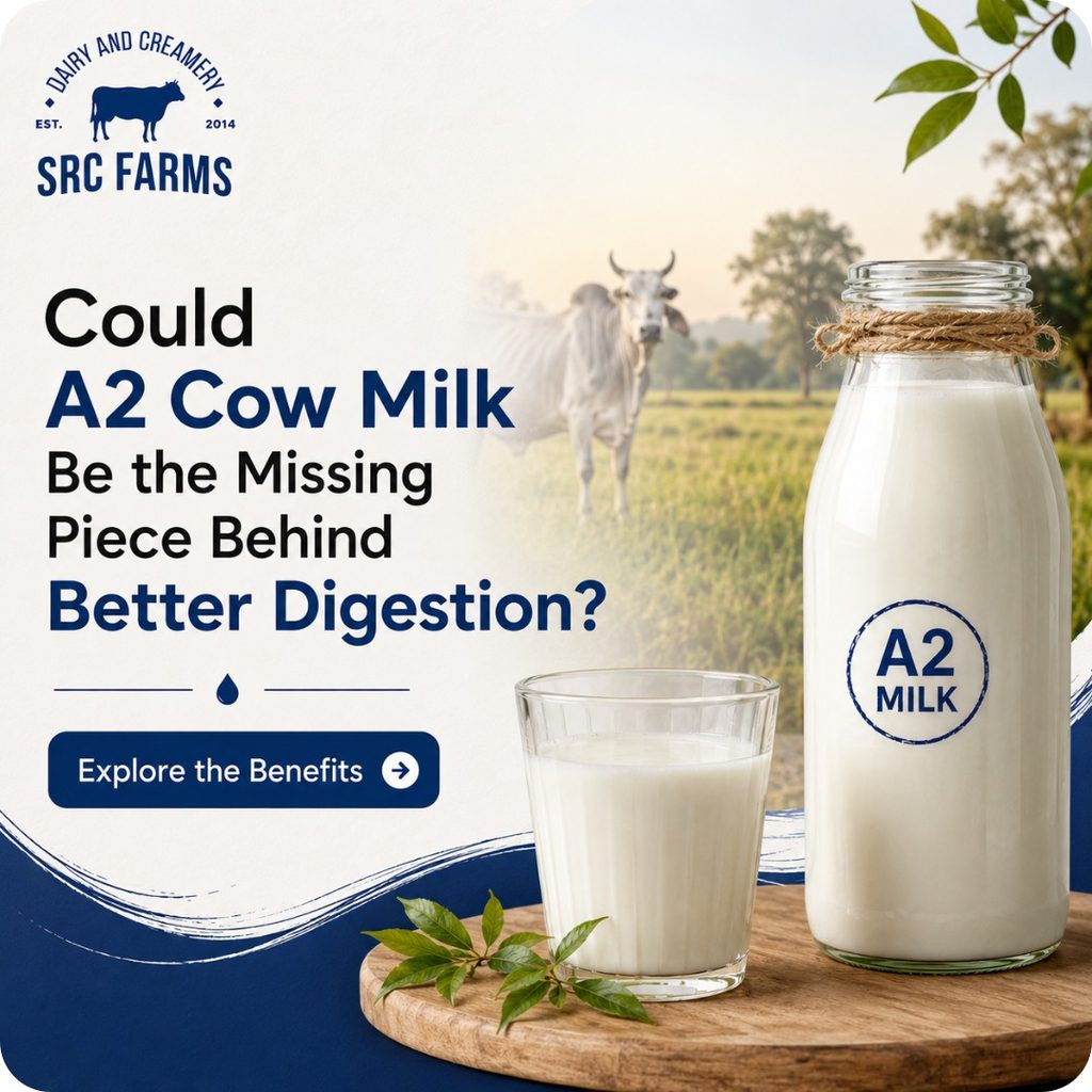 A2 desi cow milk for better digestion — SRC Farms bottle and glass on wooden tray