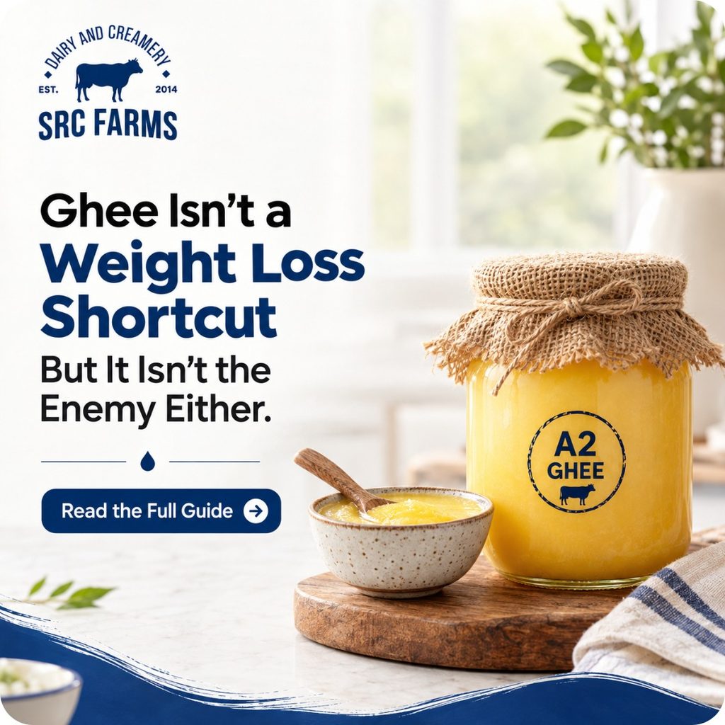 A jar and bowl of golden A2 cow ghee on a wooden board, with the text "Ghee isn't a weight loss shortcut, but it isn't the enemy either" from SRC Farms