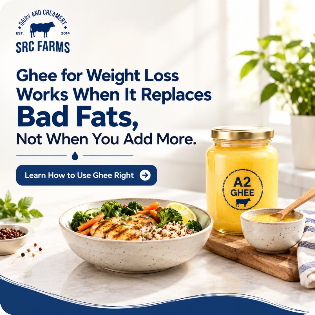 A balanced bowl of grilled chicken, vegetables, and quinoa beside a jar of A2 ghee, showing that ghee for weight loss works when it replaces bad fats